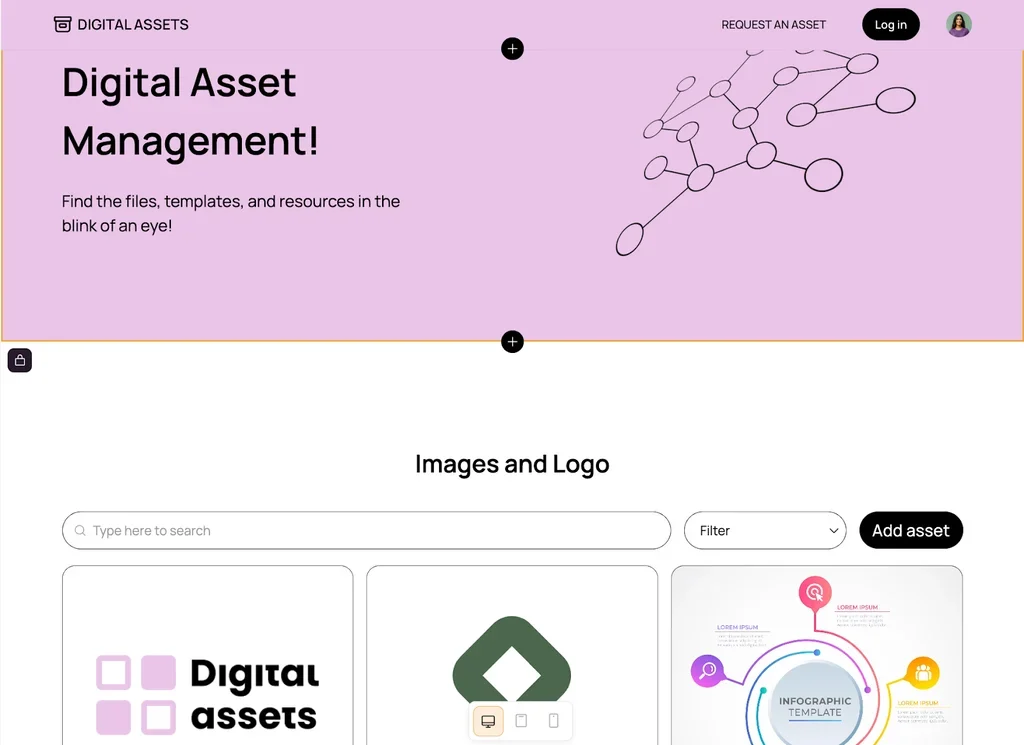 Softr visual asset directory with searchable image and logo files.