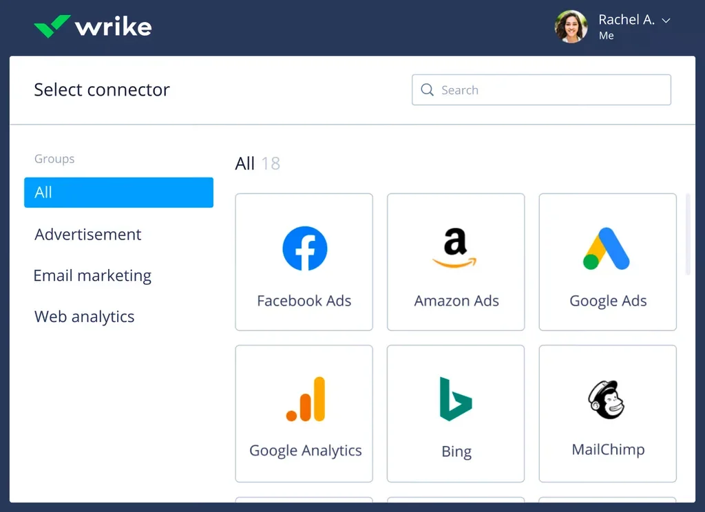 Example of potential integration options within a project management software. Source: Wrike.