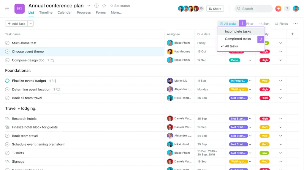 Example of a list view, complete with customized task columns.
