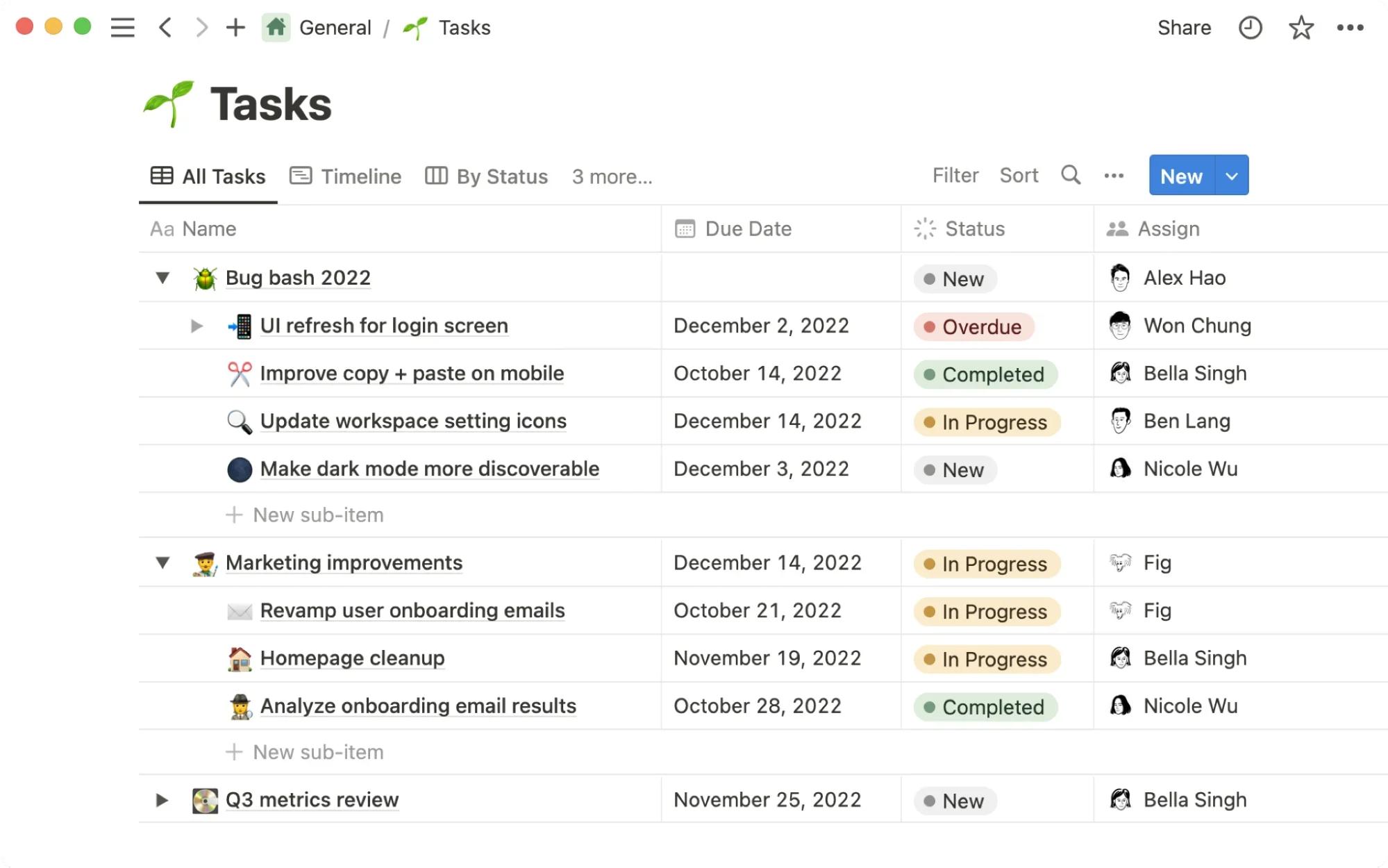 A screenshot of Notion tasks dashboard