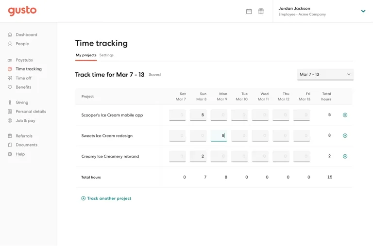 Gusto time and attendance tracking view