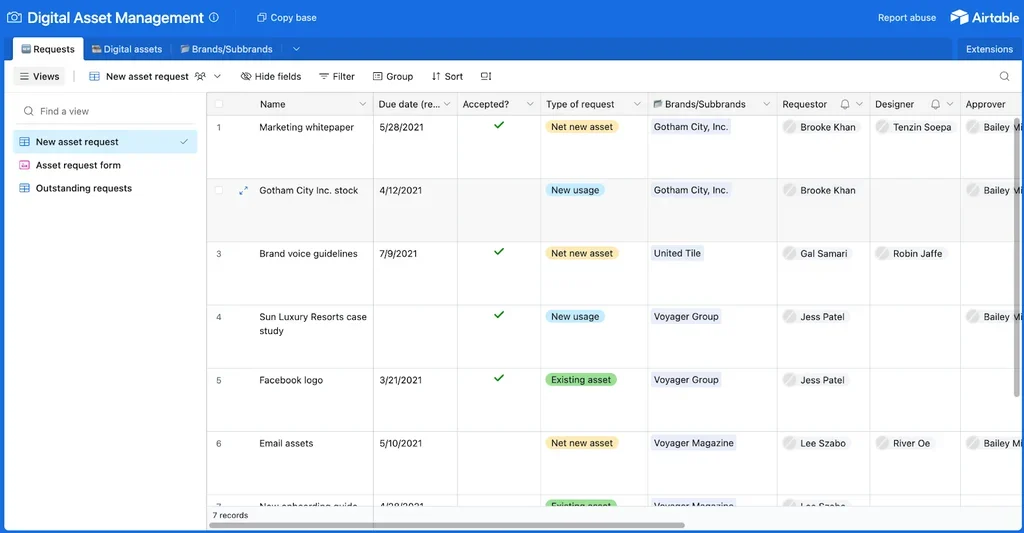 Airtable digital asset request form with filters for brand, designer, and approval.