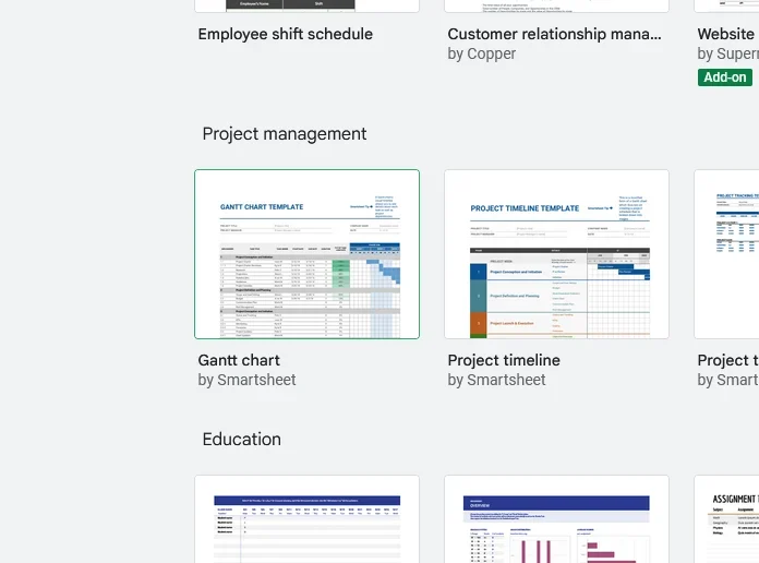 The Gantt chart template is located within the Google Sheets template gallery.