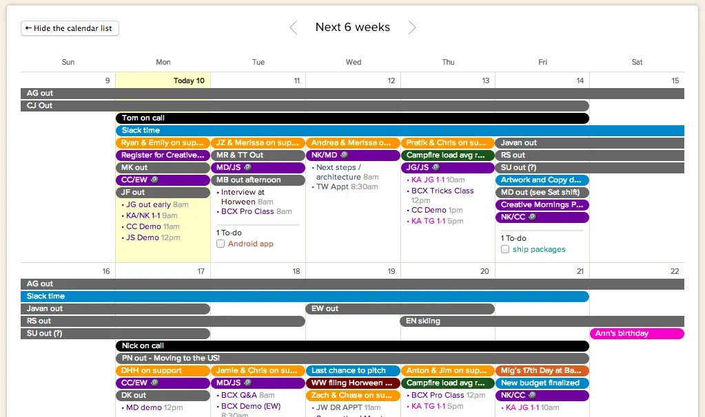 Example of a color-coded calendar view.
