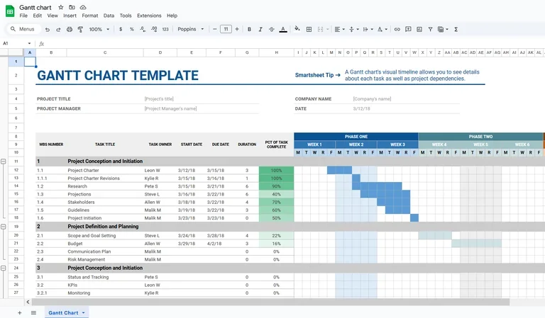 The Gantt chart template provides fields for users to insert their project data.