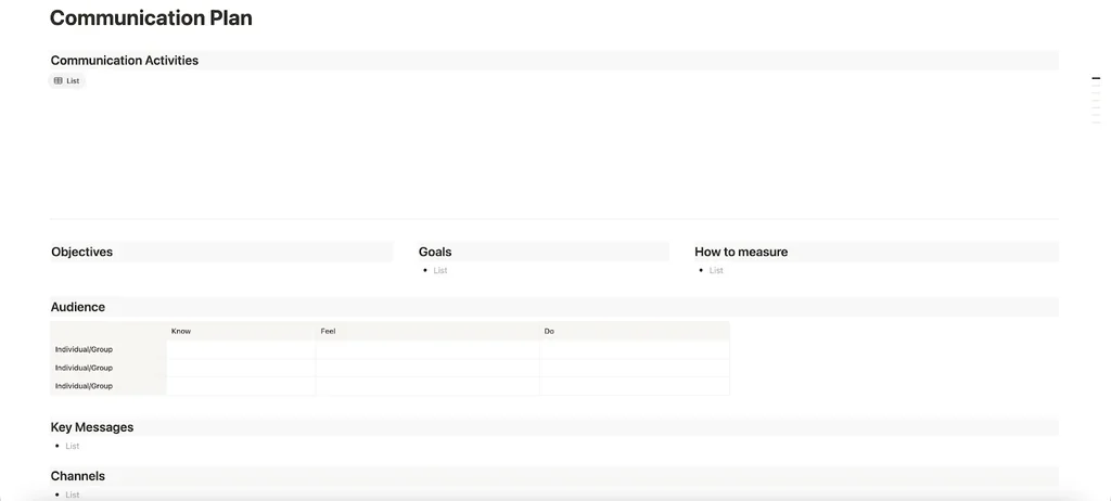 Notion’s communication plan template showing a list of communication activities, goals, audience, key messages, and channels