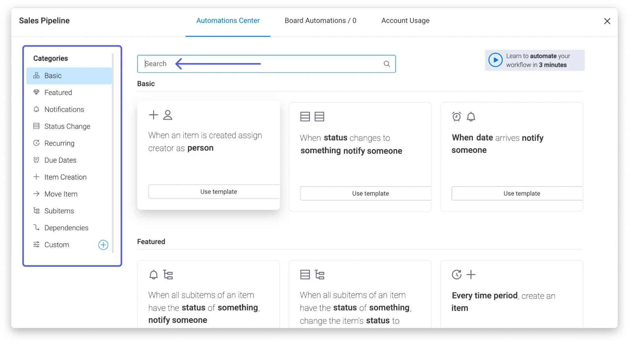 Premade automation templates from monday.com.