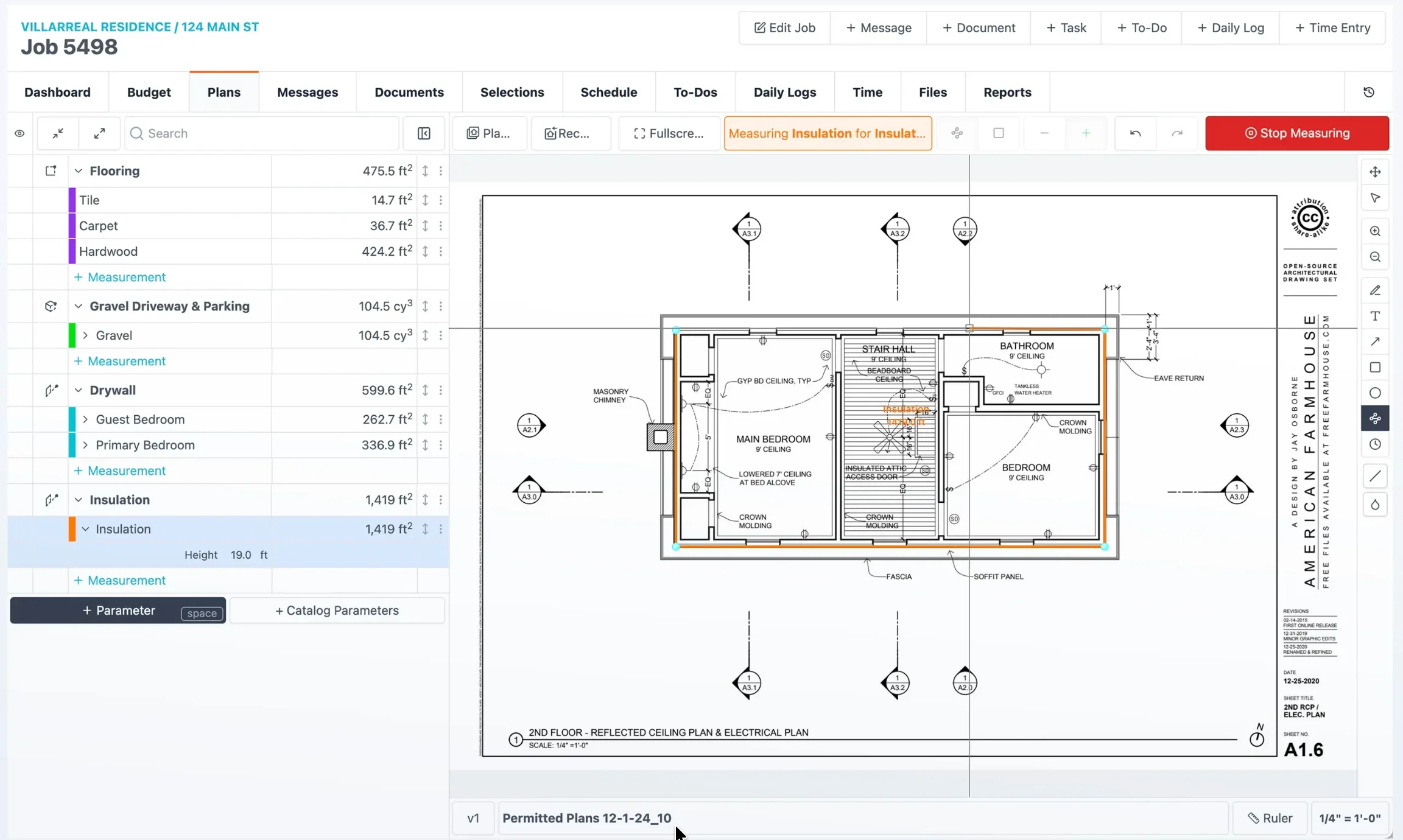 JobTread takeoff board measuring insulation areas and material quantities on a residential floor plan