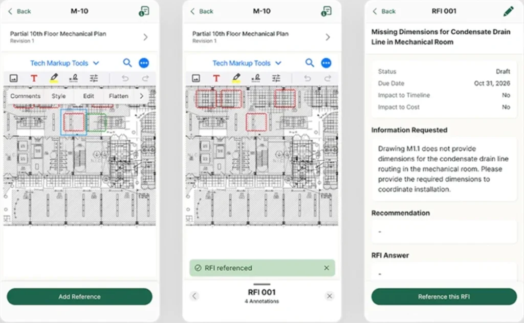 BuildOps mobile app showing plan markup tools and an RFI for missing condensate drain dimensions.