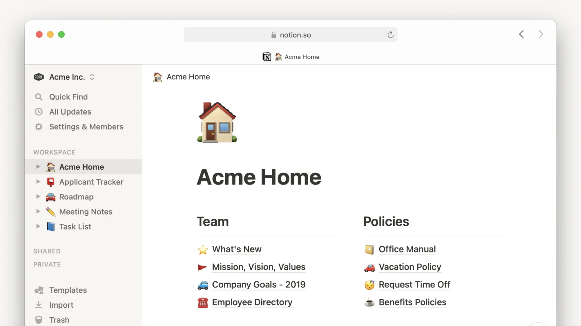 Acme home workspace in Notion