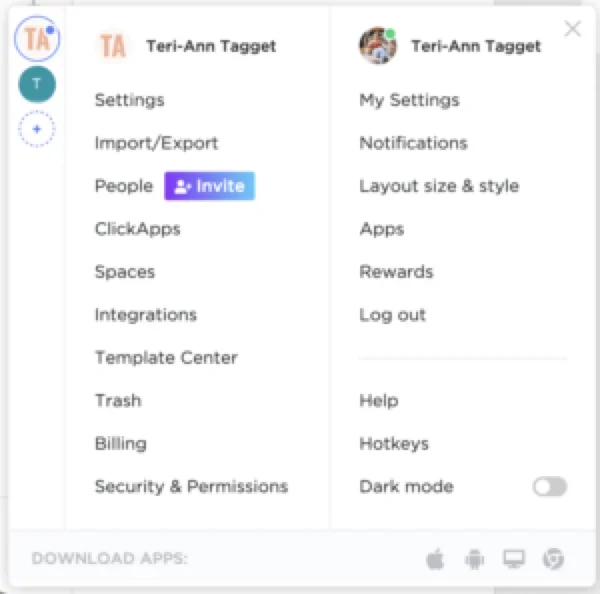 After your credentials have been approved or verified and the ClickUp interface appears, click on the Settings menu and select Integrations.