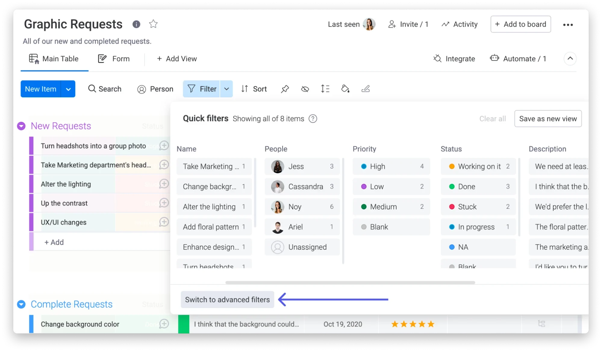 Example of quick filter options from monday.com.