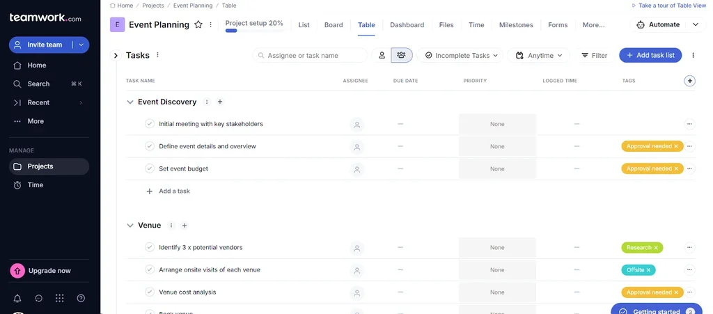 Teamwork table view showing event planning tasks grouped under Event Discovery and Venue, with status tags like “Approval needed” and “Research”.