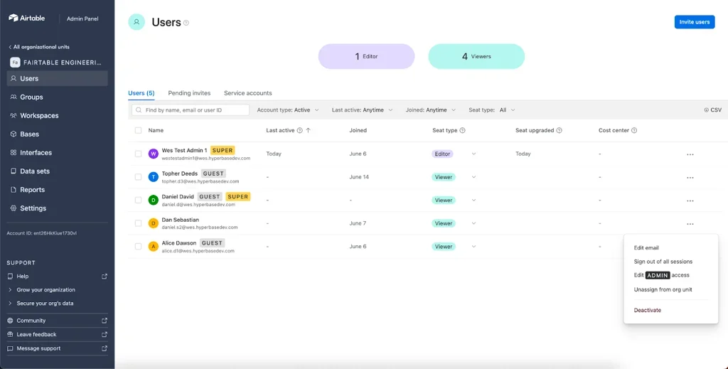 Example of guest user controls in Airtable.