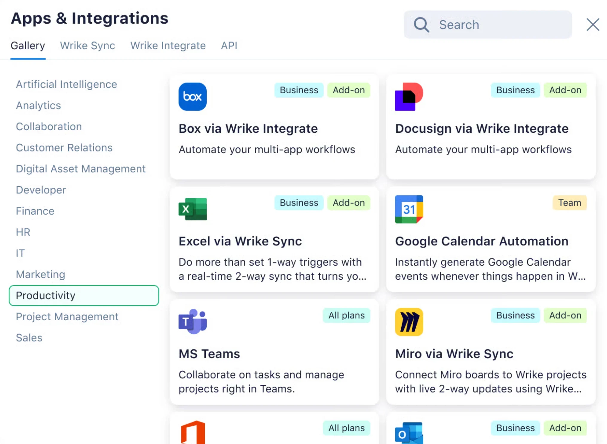 Wrike integrations gallery displaying apps such as Microsoft Teams, Google Calendar, Box, Excel, and Miro.