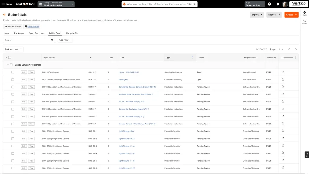 Procore submittals dashboard listing specification sections, review statuses, responsible contractors, and due dates.