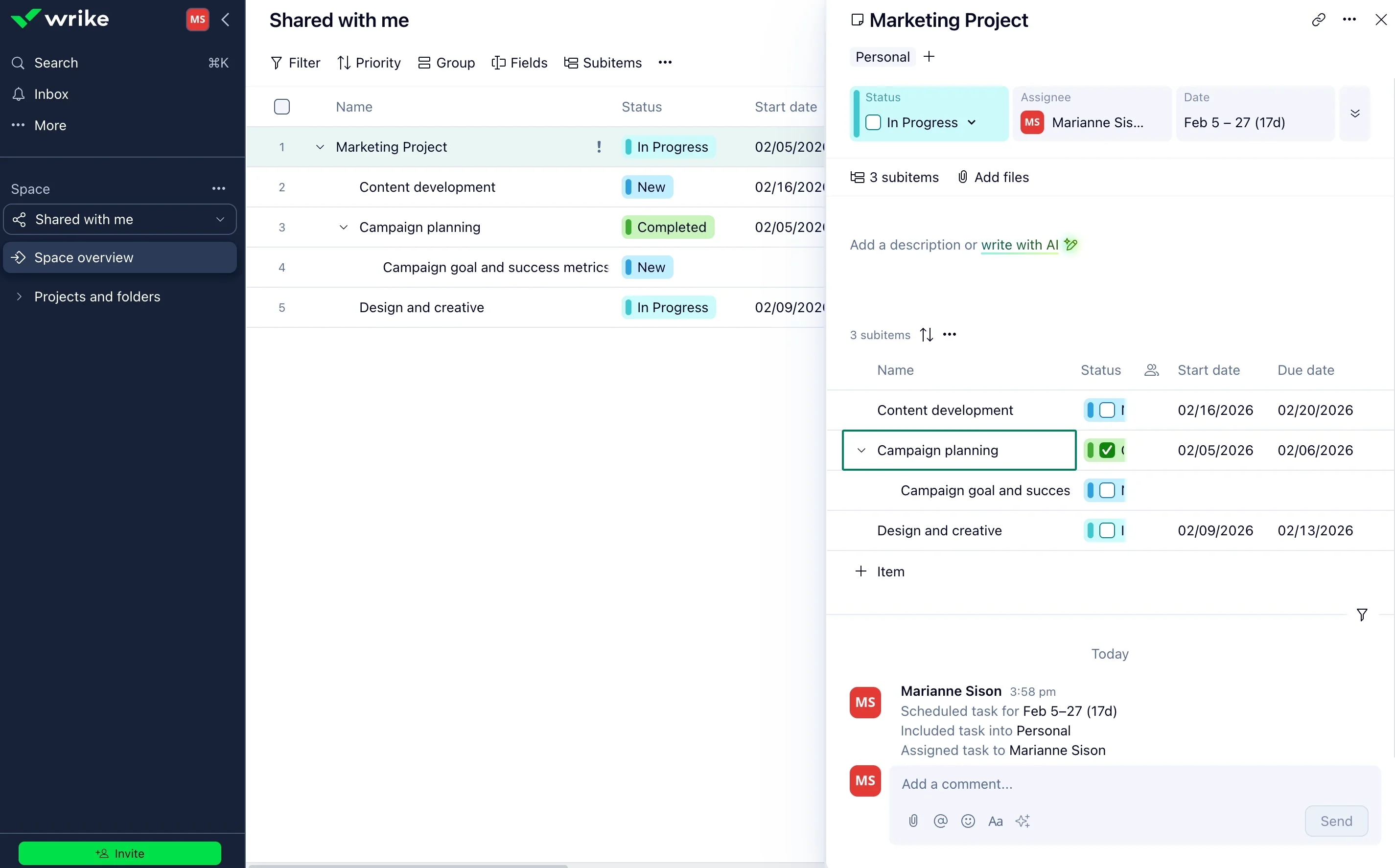 Wrike dashboard showing a Marketing Project in progress with subtasks for content development, campaign planning, and design.