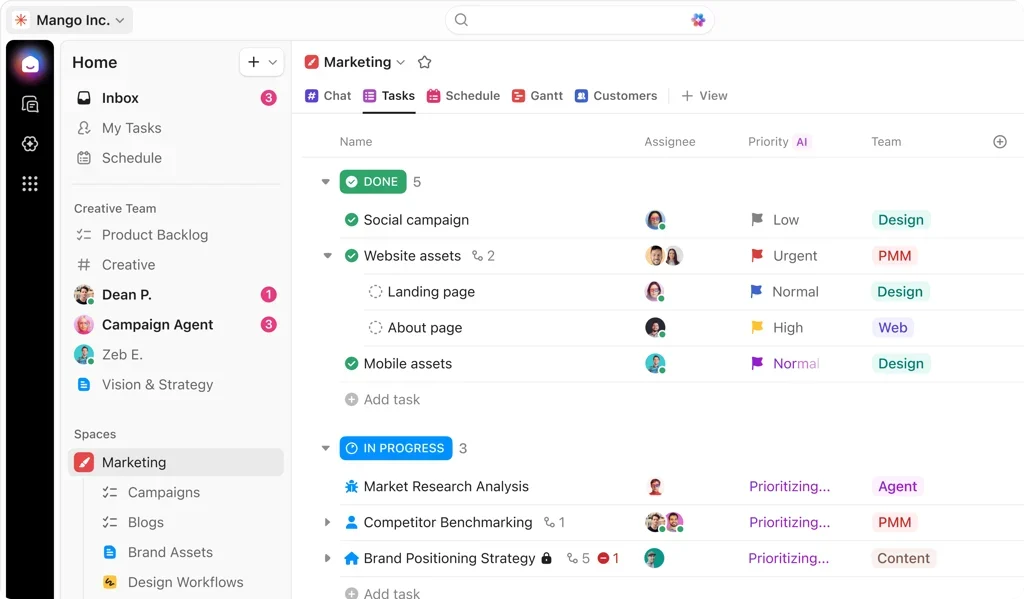 ClickUp Marketing task list grouped by completion status with assignees, priorities, and team labels.