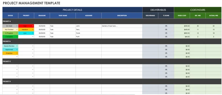Smartsheet project management template.