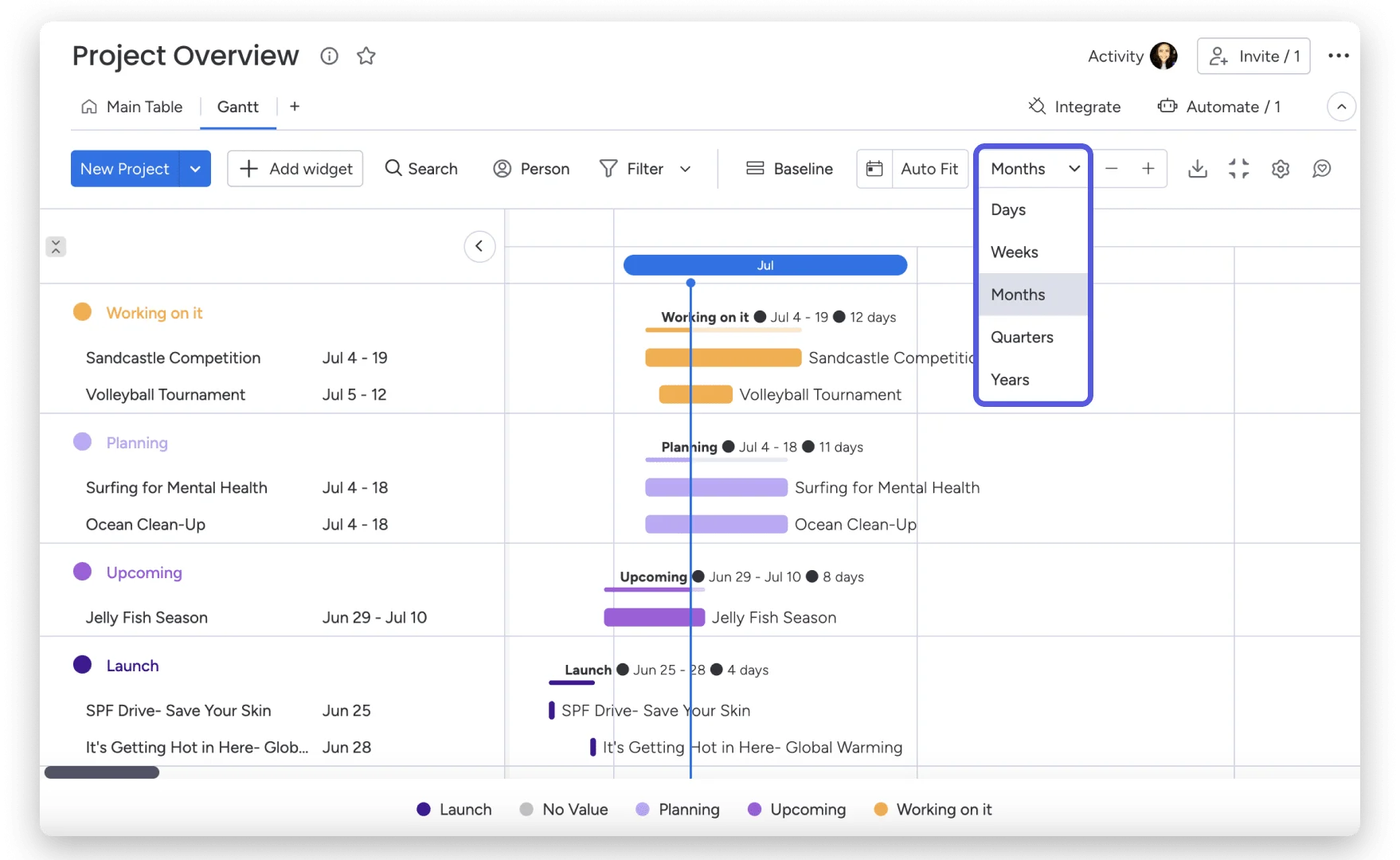 monday.com Gantt chart showing color-coded project timelines and a dropdown menu for switching between daily, weekly, monthly, quarterly and yearly views.